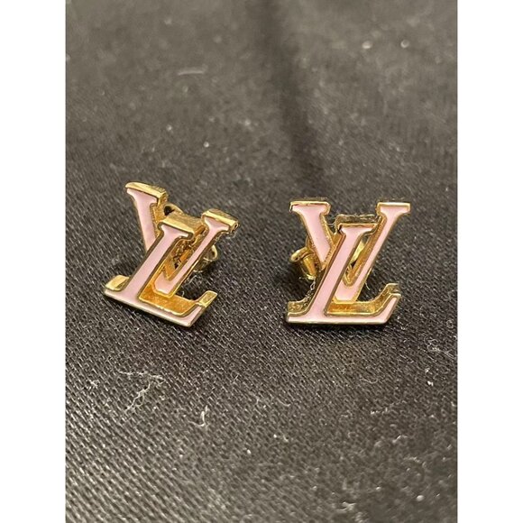 Louis Vuitton Authentic Gold & Pink LV Monogram Stud Earrings With Box & Dust Ba - Picture 1 of 7